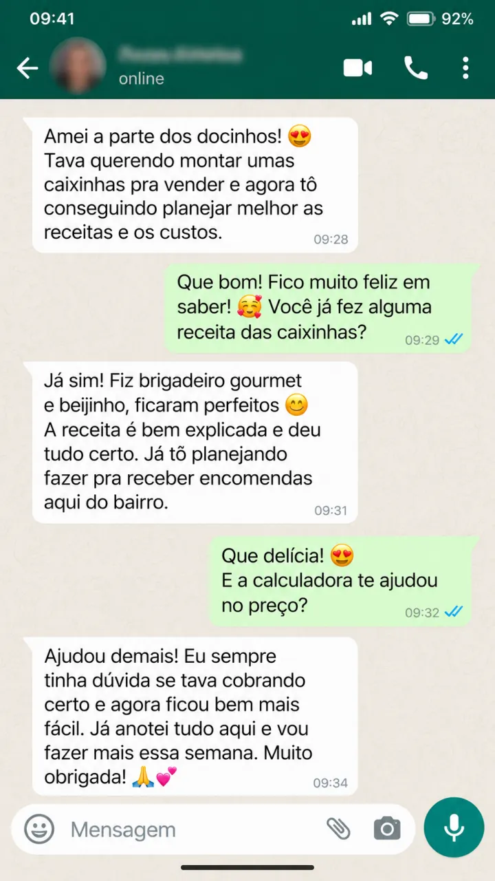 Conversa 11 sobre receitas e encomendas. Fiz brigadeiro gourmet e beijinho, ficaram perfeitos. A receita é bem explicada e deu tudo certo.