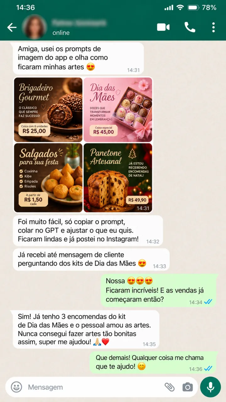 Conversa 5 sobre três encomendas de dia das mães. Fiz minhas artes com os prompts do app e já tenho 3 encomendas do kit de Dia das Mães.