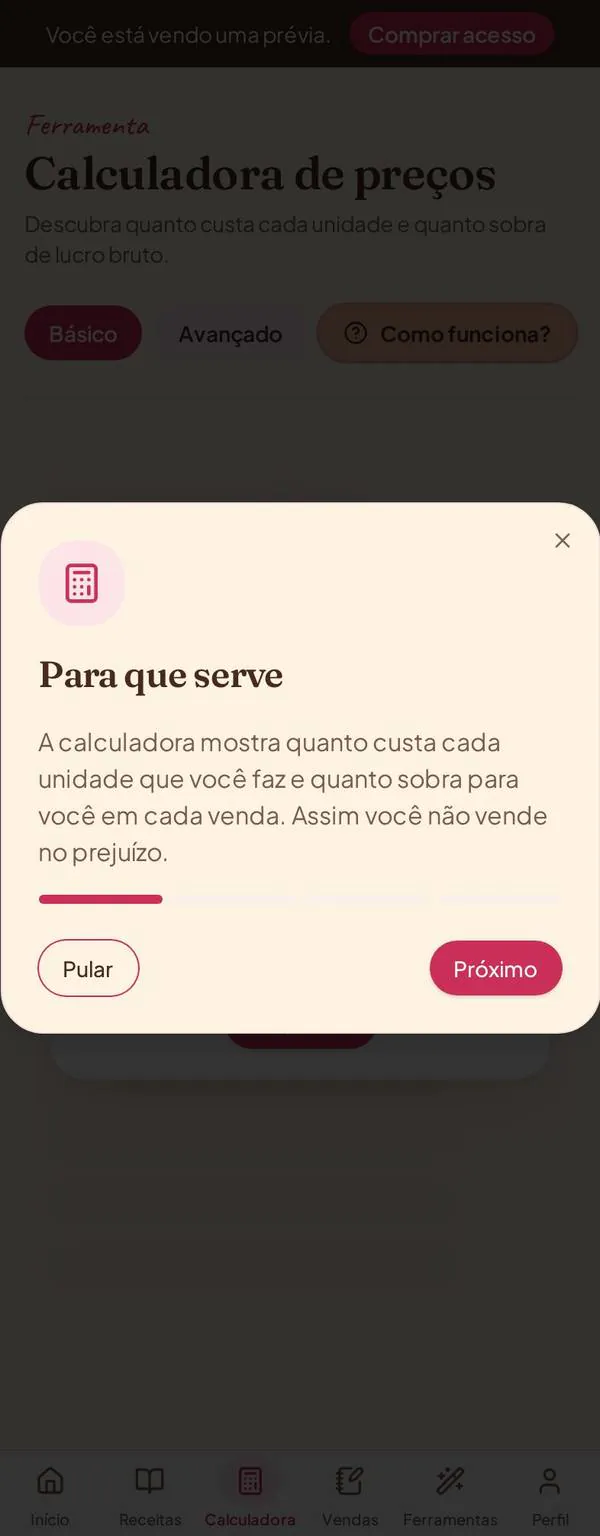 Tela Calculadora do app Dona Pitada